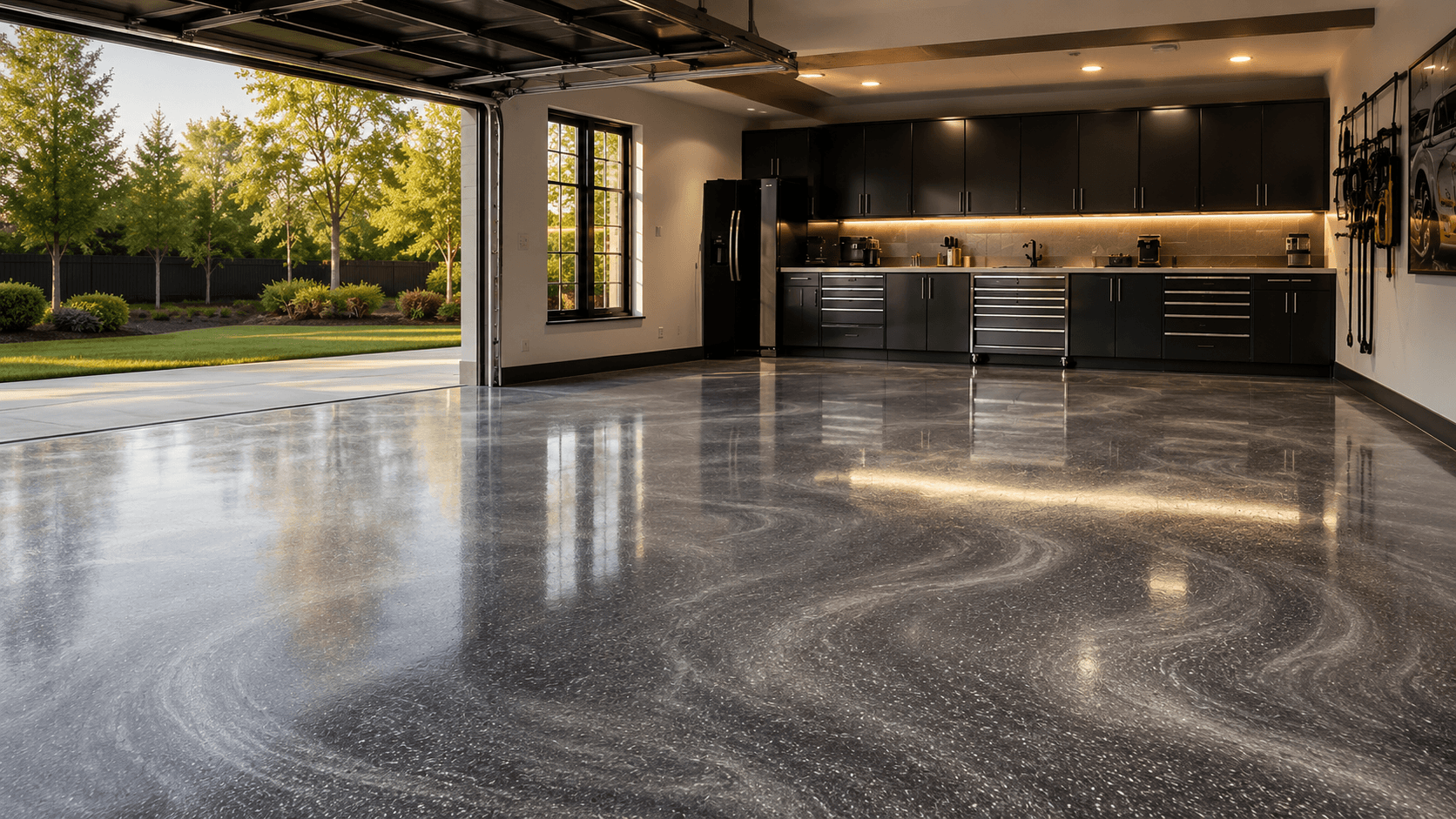 Luxury garage with a glossy epoxy floor