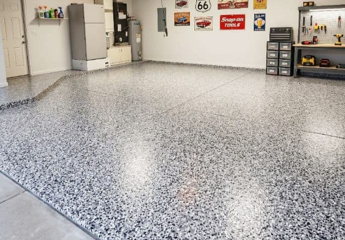 Finished flake epoxy garage floor installation